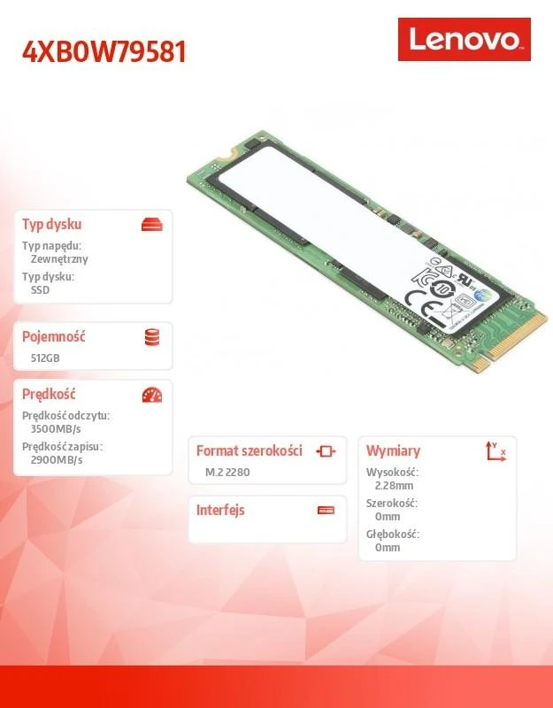 Lenovo ThinkPad 4XB0W79581 512 GB SSD sąsaja M.2 NVME Rašymo greitis 2900 MB/s Skaitymo greitis 3500 MB/s