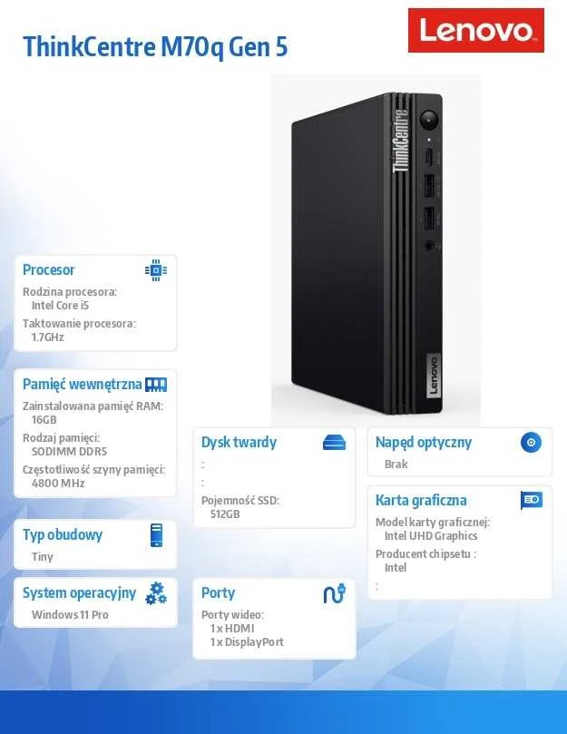 Stacionarus kompiuteris Lenovo Desktop ThinkCentre M70q G5 CORE I5 14500T 1.7G 14C 20T VP 16GB DDR5 4800 SODIMM 512GB SSD M.2 2280 G4 TLC OPAL W11P