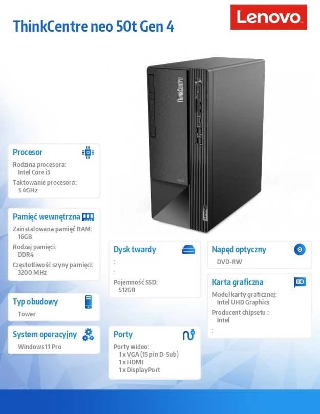Stacionarus kompiuteris Lenovo „ThinkCentre Neo 50t G5“ – „Core i5-14400“ | 16 GB | 512 GB | „Win11Pro“