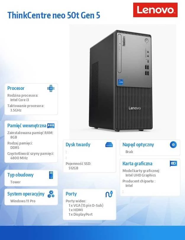 Lenovo ThinkCentre neo 50t Intel® Core™ i3 i3-14100 8 GB DDR5-SDRAM 512 GB SSD Windows 11 Pro Tower PC Juodas, Pilkas