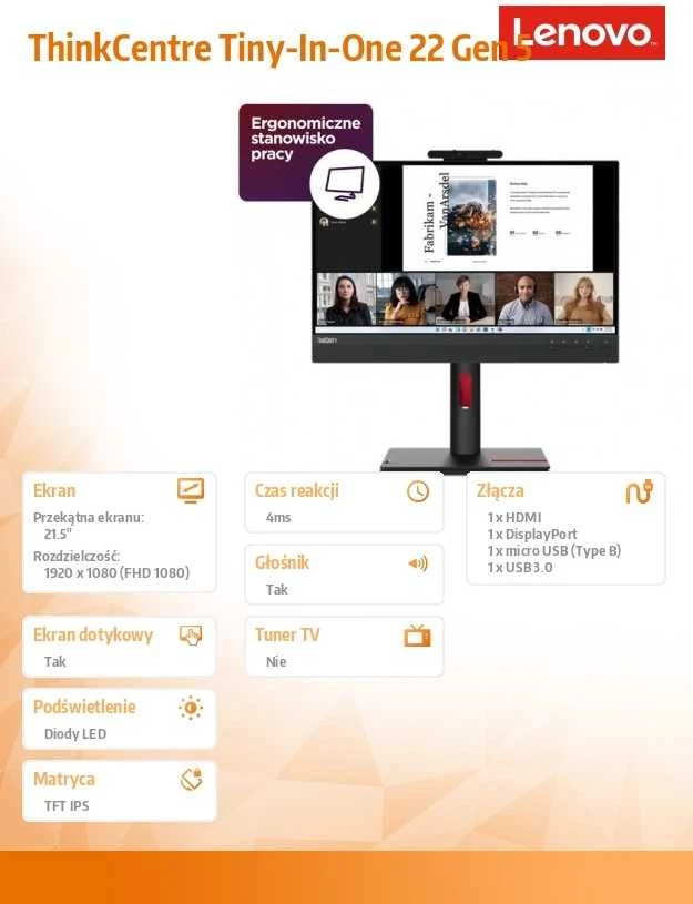 Monitorius Lenovo ThinkCentre TiO 22 Gen5 FHD IPS Touch
