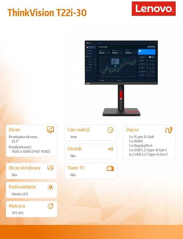 Monitorius „Lenovo ThinkVision T22i“ – 60 Hz | „Full HD“ | 22 colių | IPS | 4 ms