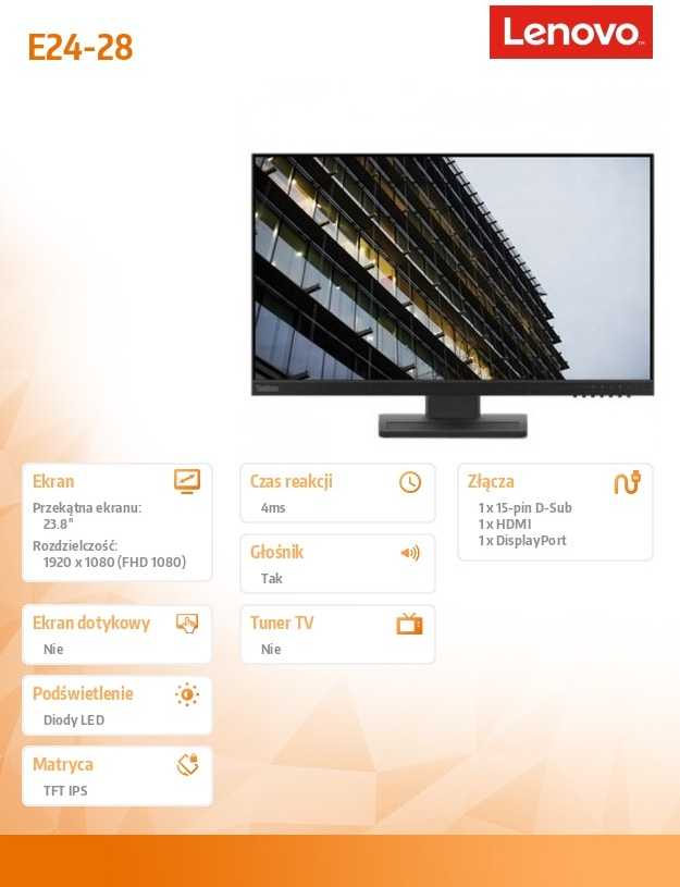 Monitorius Lenovo | E24-28 | 23.8 " | IPS | FHD | 16:9 | 6 ms | 250 cd/m² | Raven Juodas | Audio | HDMI jungtys quantity 1x HDMI1.4 | 60 Hz