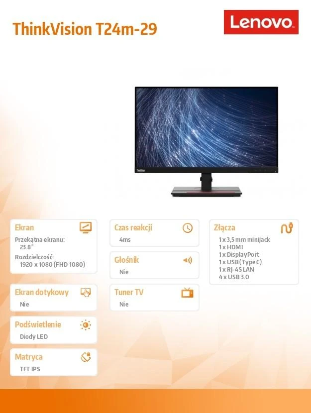 Monitorius LENOVO ThinkVision T24m-29 23,8 colio IPS 16:9 1920x1080 250cd/m2 4ms HDMI DP USB