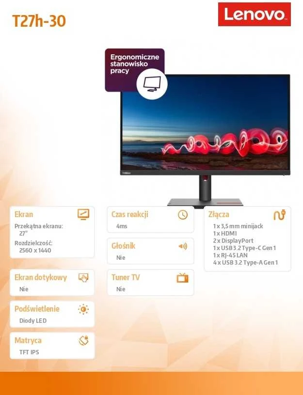 Monitorius Lenovo | ThinkVision | T27h-30 | 27 " | IPS | QHD | 16:9 | 60 Hz | 6 ms | 2560 x 1440 | 350 cd/m² | HDMI jungtys quantity 1x HDMI 2.0 | Juodas | Garantija 36 mėn.