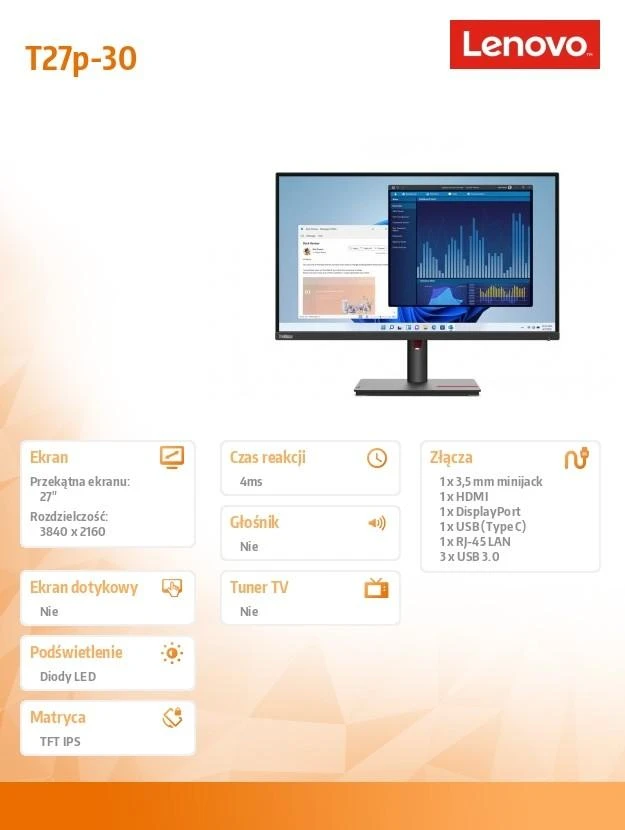 Monitorius Lenovo | ThinkVision | T27p-30 | 27 " | IPS | 4K | 16:9 | 60 Hz | 4 ms | 3840 x 2160 | 350 cd/m² | HDMI jungtys quantity 1 | Juodas | Garantija 36 mėn.
