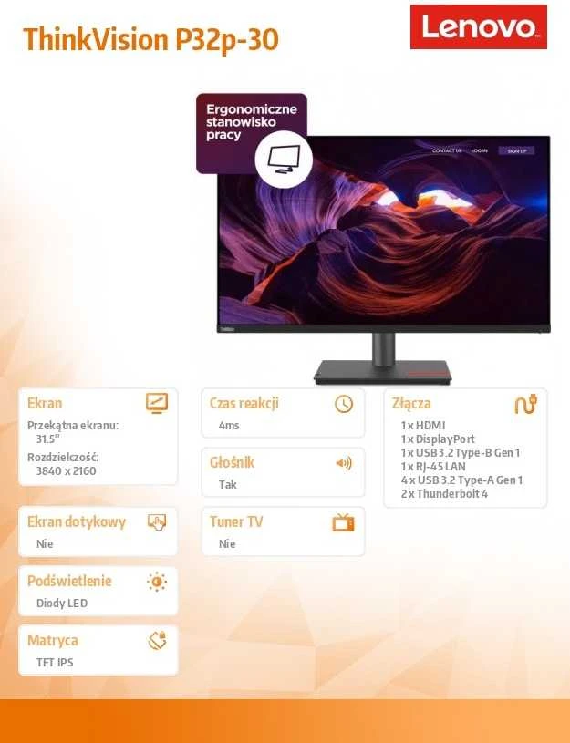 Monitorius Lenovo | ThinkVision | P32p-30 | 31.5 " | IPS | 16:9 | 60 Hz | 4 ms | 3840 x 2160 | 350 cd/m² | HDMI jungtys quantity 1 | Juodas | Garantija 36 mėn.