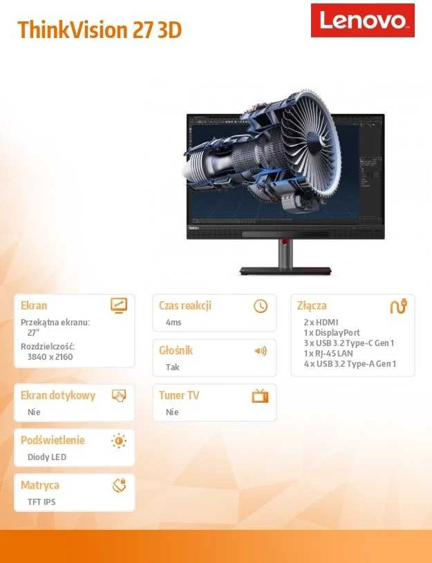 Monitorius LENOVO 27 colių UHD (3840X2160) / 3D / IPS ekranas / apsauga nuo akinimo 16:9 / HDMI / USB-C (100 W) / DP / RJ45 / 3 metų garantija