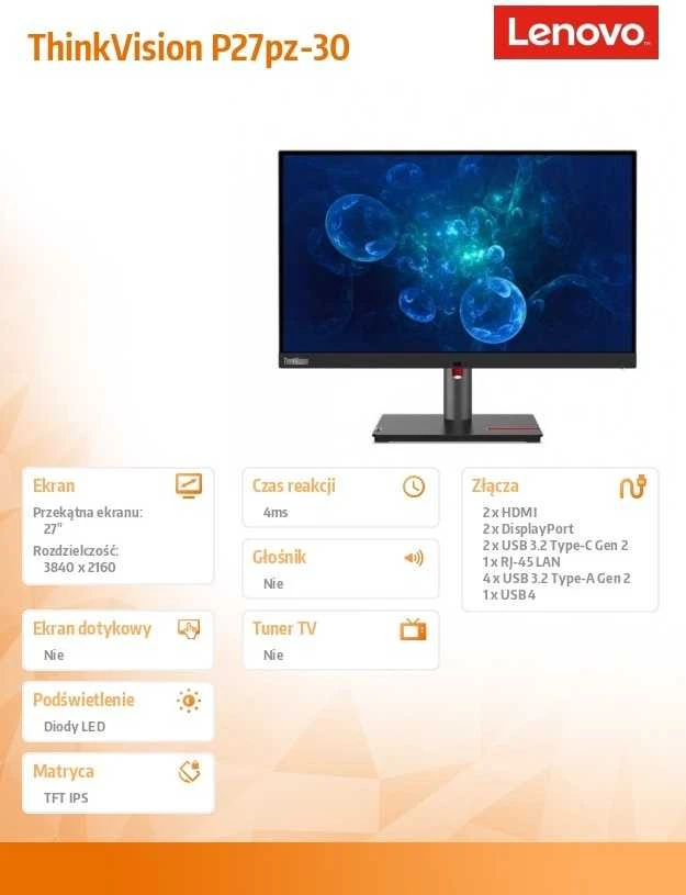 Monitorius - Lenovo ThinkVision P27pz-30 27" 4K Ultra HD Juodas