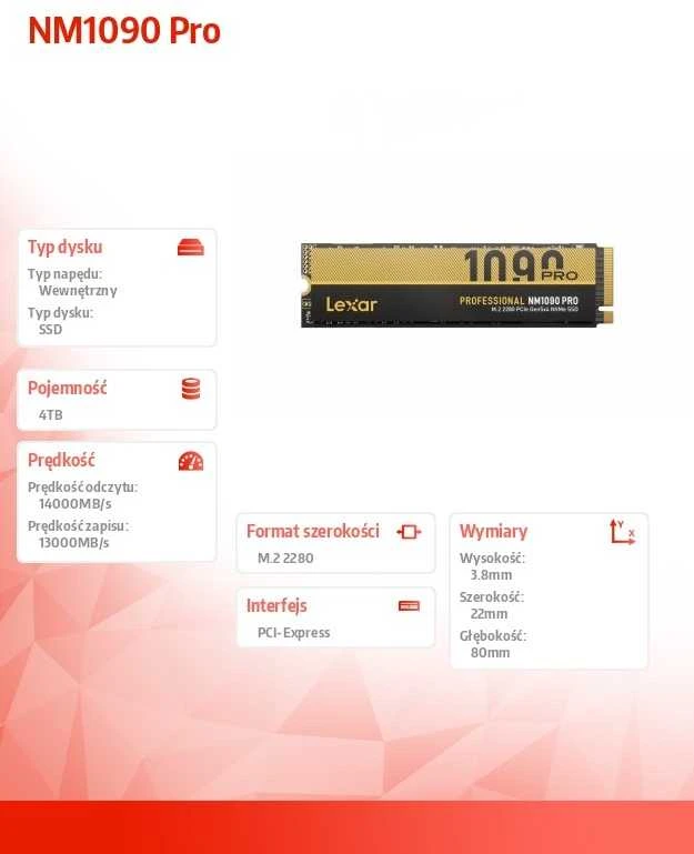 Lexar SSD | NM1090 Pro | 4000 GB | SSD form factor M.2 2280 | Solid-state drive sąsaja PCIe Gen 5x4 | Skaitymo greitis 14000 MB/s | Rašymo greitis 13000 MB/s