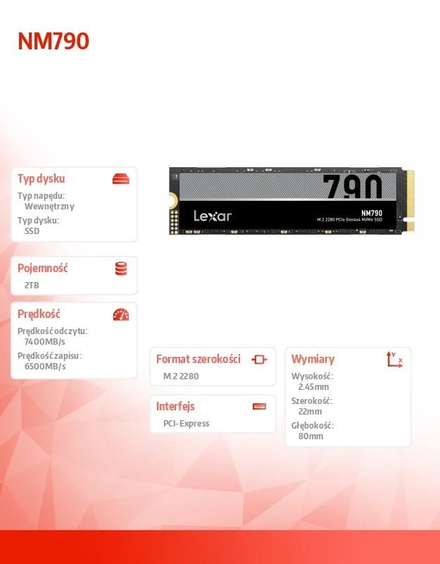 Lexar | SSD | NM790 | 2000 GB | SSD form factor M.2 2280 | Solid-state drive sąsaja M.2 NVMe | Skaitymo greitis 7400 MB/s | Rašymo greitis 6500 MB/s