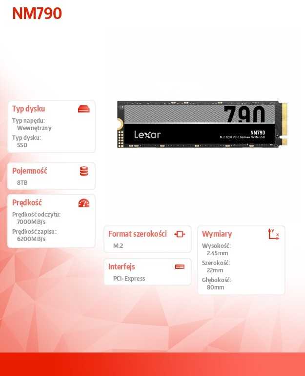 Lexar SSD | NM790 | 8000 GB | SSD form factor M.2 2280 | Solid-state drive sąsaja M.2 NVMe | Skaitymo greitis 7400 MB/s | Rašymo greitis 6500 MB/s