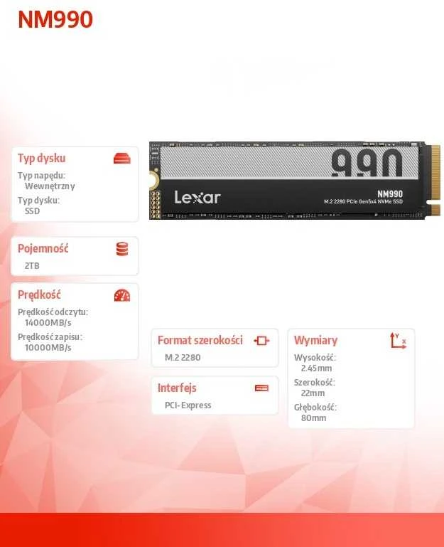Lexar SSD | NM990 | 2000 GB | SSD form factor M.2 2280 | Solid-state drive sąsaja PCIe Gen 5x4 | Skaitymo greitis 14000 MB/s | Rašymo greitis 10000 MB/s