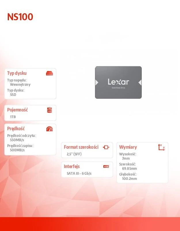 Lexar | SSD | NS100 | 1000 GB | SSD form factor 2.5 | Solid-state drive sąsaja SATA III | Skaitymo greitis 550 MB/s