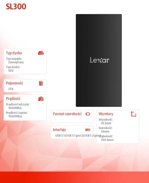 Kietasis diskas Lexar SSD SL300, USB3.2 Gen2 iki R1050/W1000, 2TB