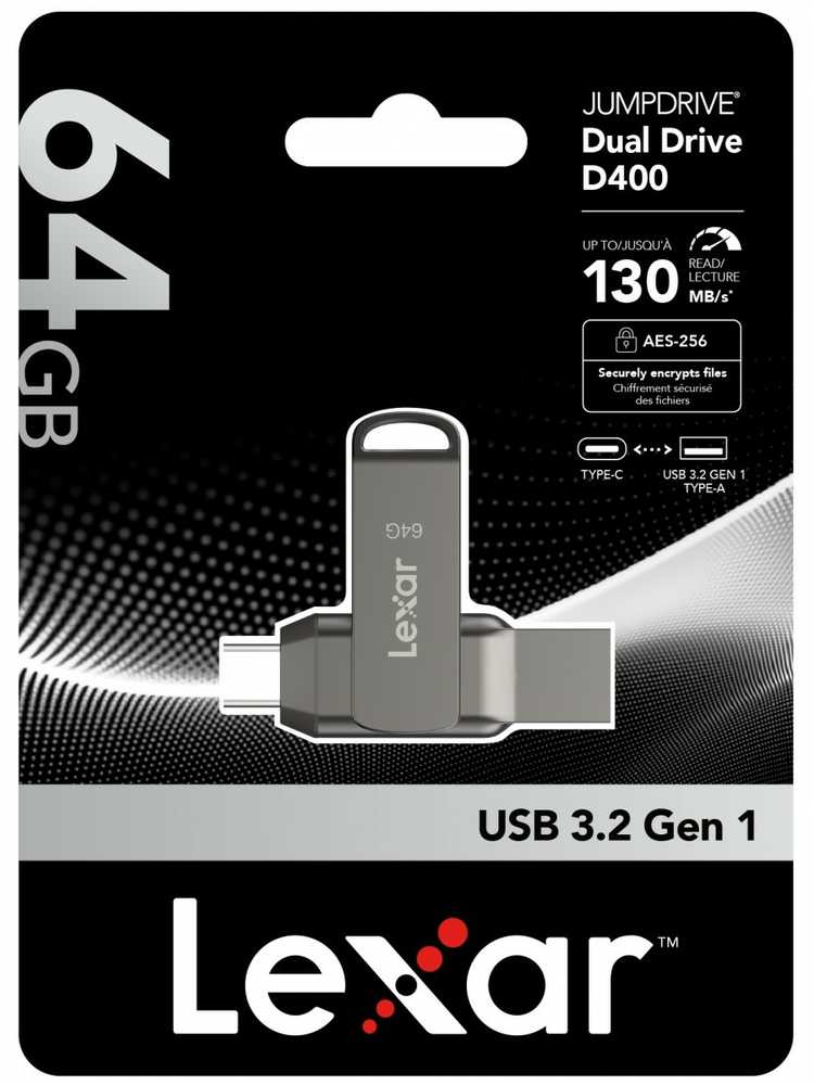 Lexar | 2 viename „flash“ atmintinė, kurios skaitymo greitis siekia 130 MB/s | „JumpDrive Dual Drive D400“ | 64 GB | USB C/A tipo | Pilkas