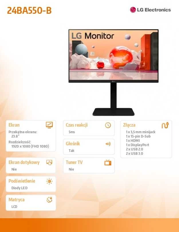 Monitorius LG | 24BA550-B | 23.8 " | IPS | FHD | 16:9 | 100 Hz | 5 ms | 1920 x 1080 pikselių | 200 cd/m² | HDMI jungtys quantity 1 | Juodas | Garantija 24 mėn.