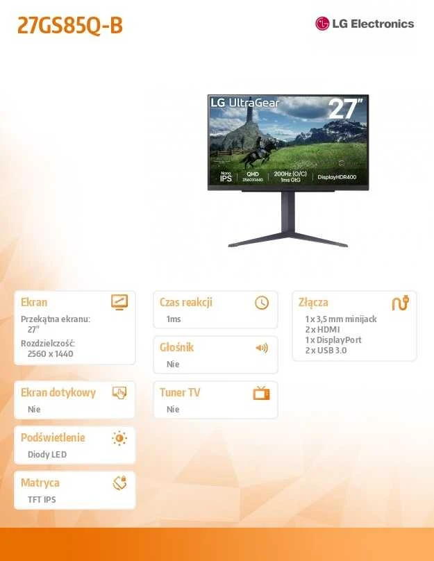 Monitorius LG 27GS85Q-B, 27", 2560 x 1440, IPS, 180 Hz, 1 ms