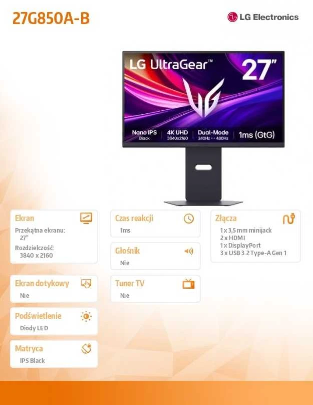 Monitorius LG UltraGear 27G850A-B. IPS. 240 Hz. 4K UHD. 27"