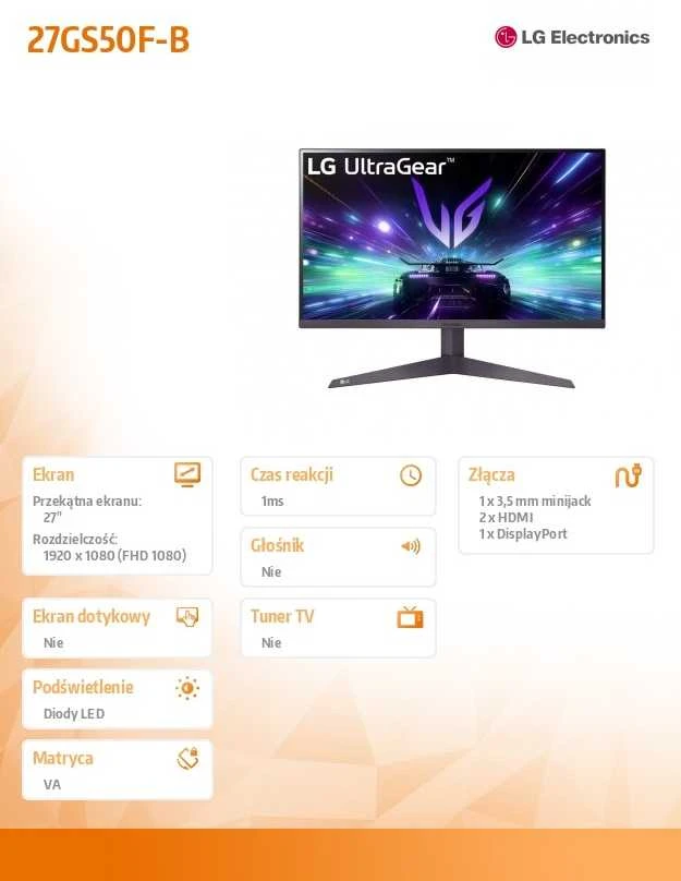 LG 27GS50F-B computer monitorius 68.6 cm (27") 1920 x 1080 pikselių Full HD Juodas