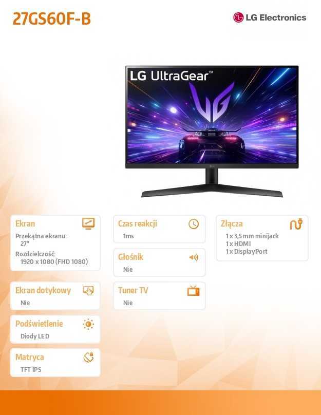 Monitorius LG UltraGear 27GS60F-B, 27", 1920 x 1080, IPS, 180 Hz, 1 ms