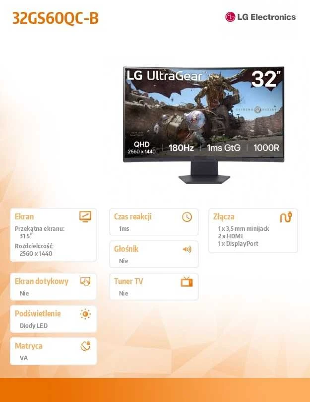Monitorius LG | 32GS60QC-B | 32 " | VA | QHD | 16:9 | 180 Hz | 1 ms | 2560 x 1440 pikselių | 300 cd/m² | HDMI jungtys quantity 2