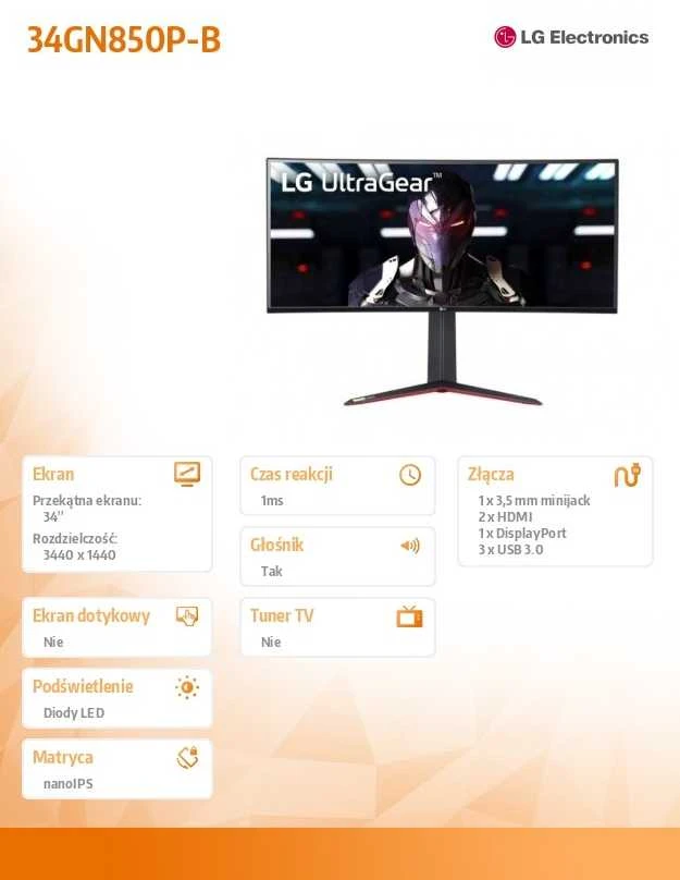 LG | Curved Gaming Monitorius | 34GN850P-B | 34 colių | IPS | UWQHD | 21:9 | 160 Hz | 1 ms | 3440 x 1440 | 400 cd/m²