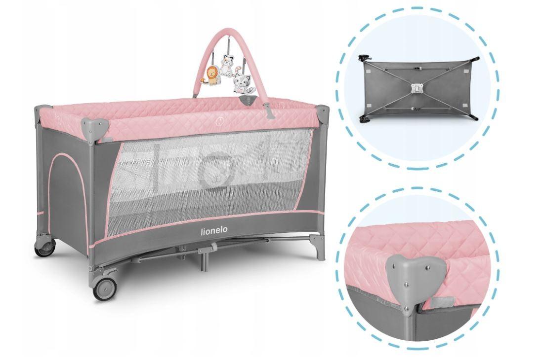 Kelioninė lovelė-maniežas 2in1 su vystymo stalu, 2 aukštai – Lionelo Flower Flamingo