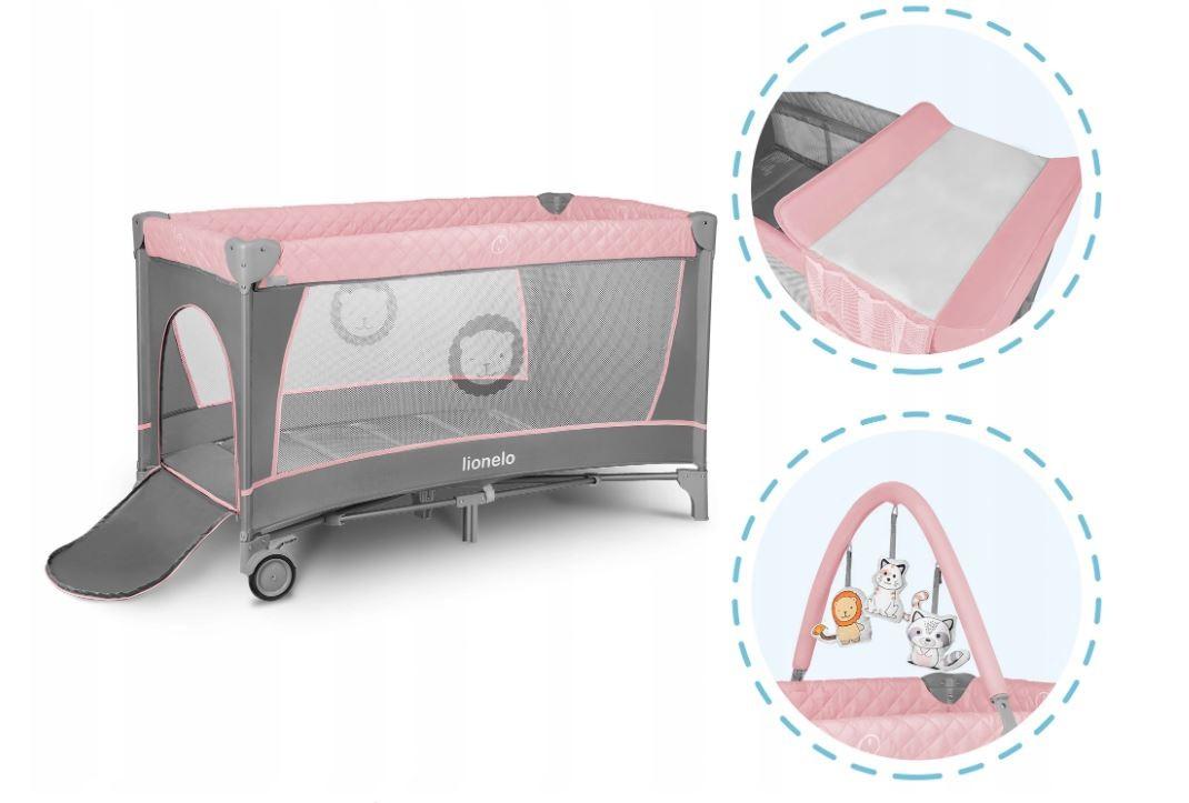 Kelioninė lovelė-maniežas 2in1 su vystymo stalu, 2 aukštai – Lionelo Flower Flamingo
