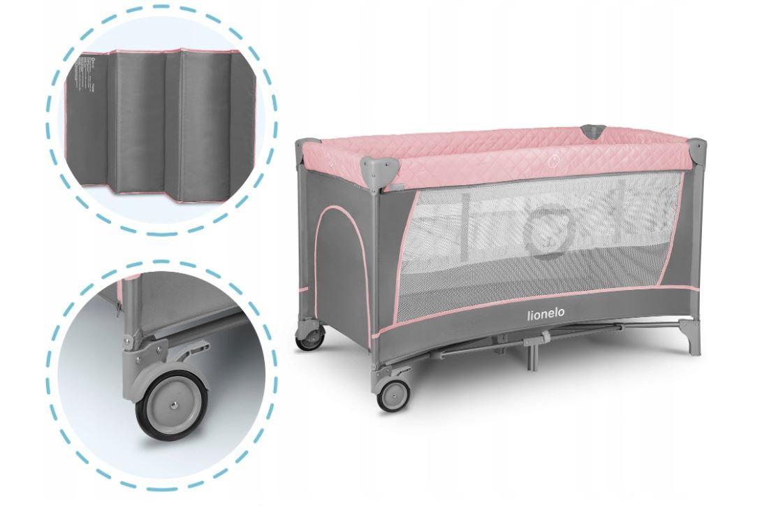 Kelioninė lovelė-maniežas 2in1 su vystymo stalu, 2 aukštai – Lionelo Flower Flamingo