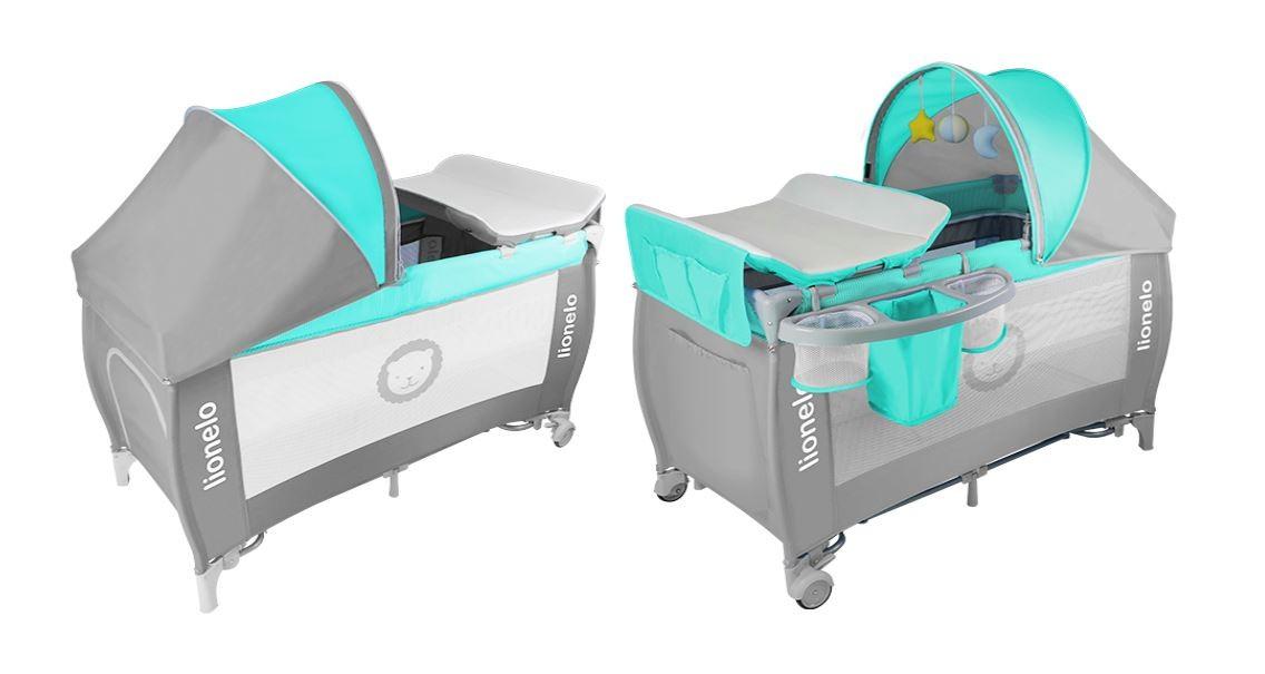 Kelioninė lovytė-maniežas su vystymo stalu iki 15 kg Lionelo Sven Plus Turquoise/Pilkas