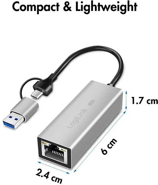 „LogiLink“ adapteris USB-A/-C į 2,5 g Ethernet, pilkas