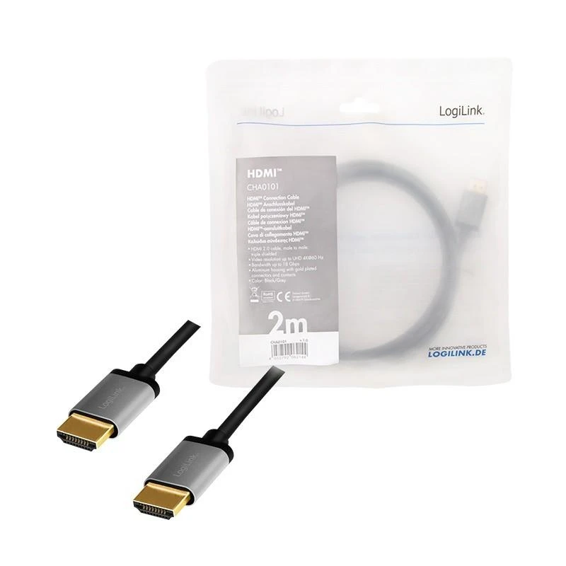 LOGILINK CHA0101 HDMI cable A/M to A/M 4K/60 Hz alu juodas/pilkas 2m
