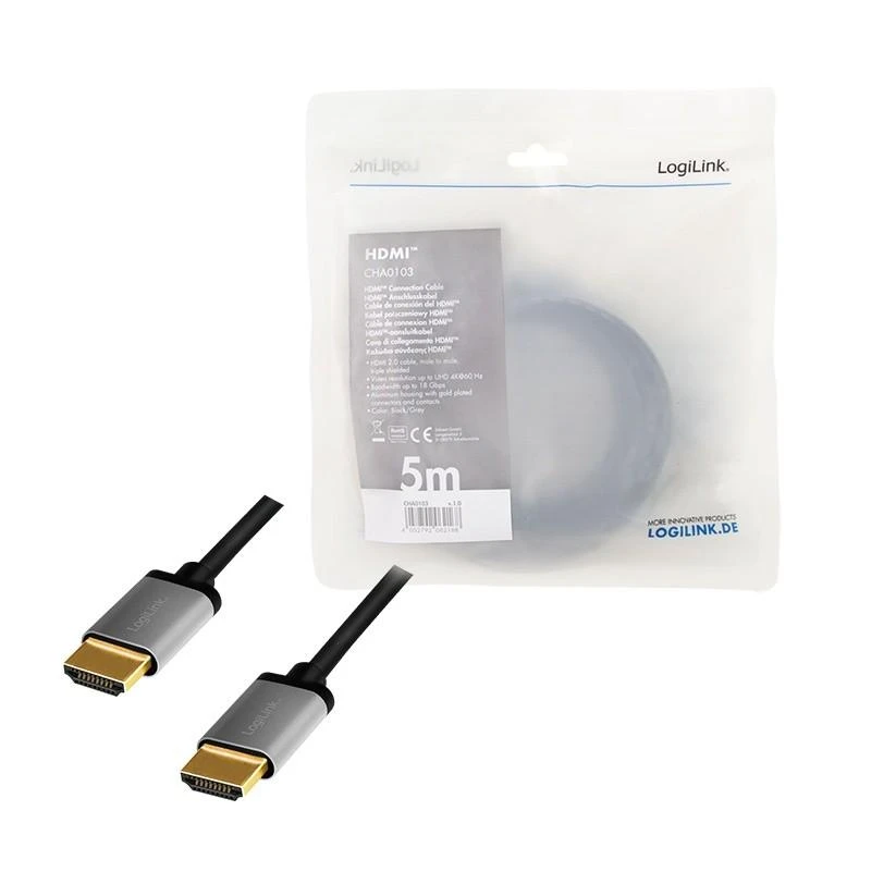HDMI laidas su pilkais aliuminio antgaliais pakuotėje