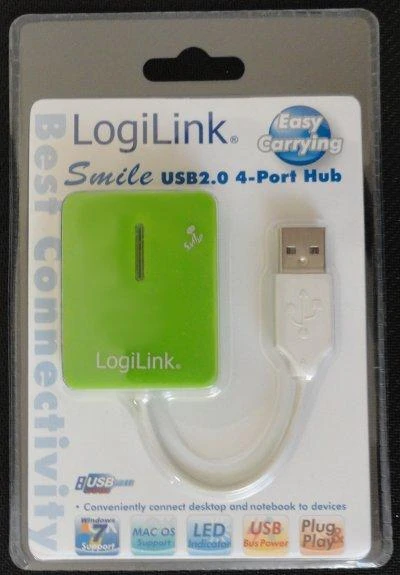 Žalias Logilink USB 2.0 šakotuvas pakuotėje