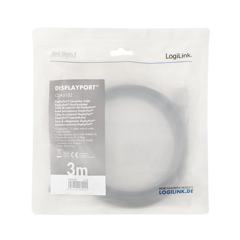 LogiLink DisplayPort 1.2 M/M 3.0m juoda-pilka