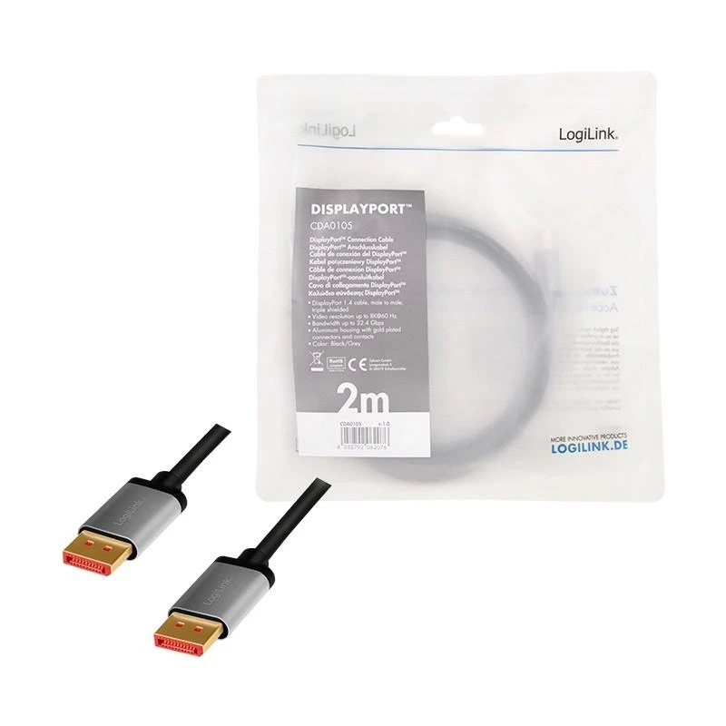 LogiLink DisplayPort 1.4 M/M 2.0m juoda-pilka
