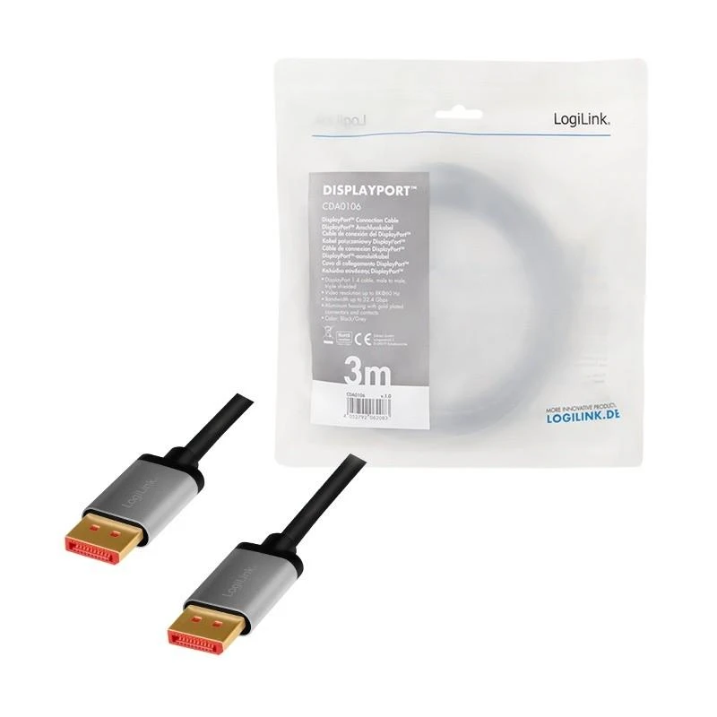 LogiLink DisplayPort 1.4 M/M 3.0m juoda-pilka