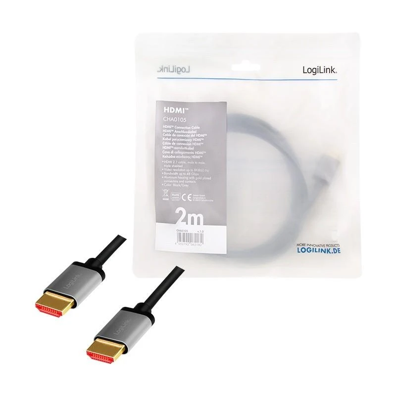 LOGILINK CHA0105 HDMI laidas A/M į A/M 8K/60Hz alu juodas/pilkas 2m