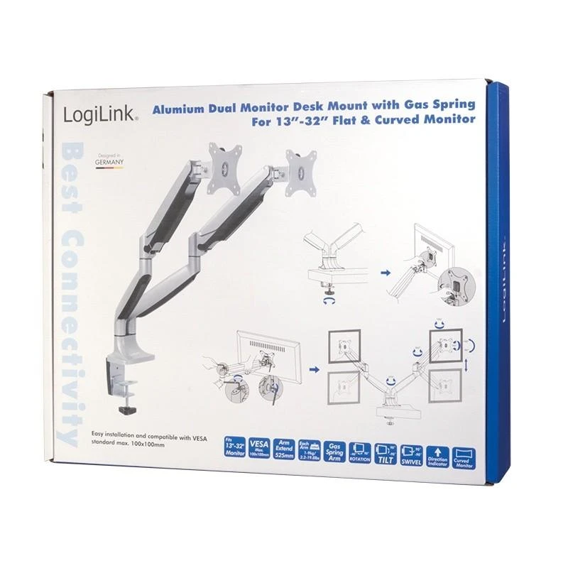 Laikiklis Logilink BP0043 Dual Monitorius Desk mount, 13"-32",gas spring, aluminum | Logilink