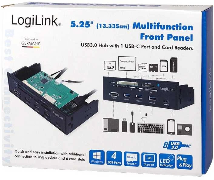 LOGILINK daugiafunkcis priekinis skydelis 5,25 colio su 6 krypčių kortelių skaitytuvu, juodas