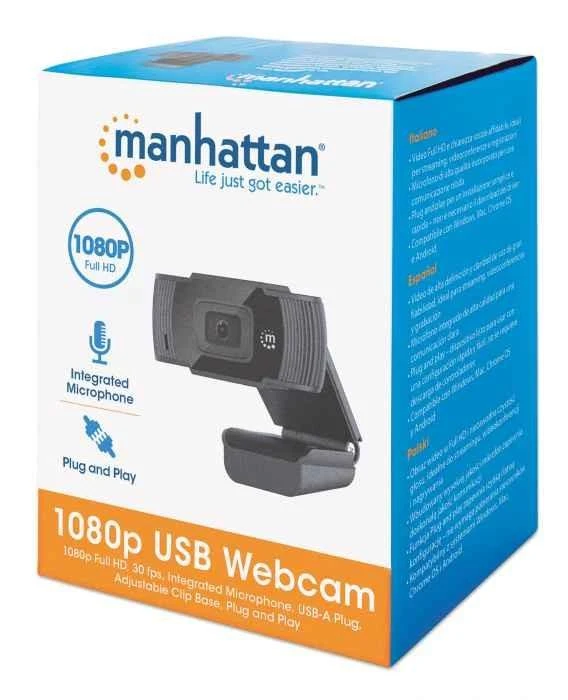 Intracom MANHATTAN 1080p USB internetinė kamera Dviejų megapikselių 1080p Full HD USB-A kištukas Integruotas mikrofonas Reguliuojamas spaustuko pagrindas 30 kadrų per sekundę Juodas