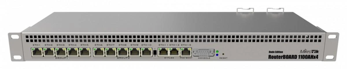 Mikrotik Laidinis Ethernet maršrutizatorius RB1100x4, 1U montuojamas ant stovo, keturių branduolių 1.4GHz CPU, 1 GB RAM, 128 MB, 13xGigabit LAN, 1xSerial console port RS232, PCB temperatūros ir įtampos monitorius, IP20, RouterOS L6 | MikroTik | Laidinis Ethernet maršrutizatorius | RB1100AHx4 | Nėra „Wi-Fi“ | 10/100/1000 Mbit/s | Ethernet LAN (RJ-45) jungtys 13 | Tinklo palaikymas: Ne | MU-MiMO: Ne | Nėra mobiliojo plačiajuosčio ryšio | 12 mėn.