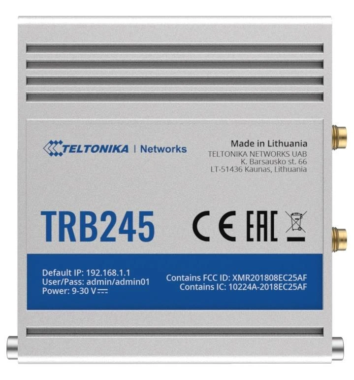 Šakotuvas Teltonika TRB245 LTE Gateway: Be WiFi, 4G, Dual SIM, Enthernet prievadas, RS232+RS485 jungtys, GPS Teltonika