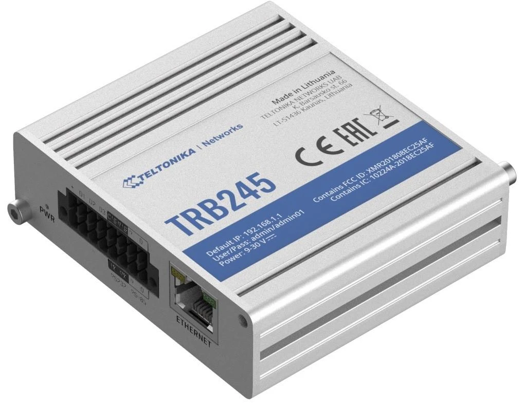 Šakotuvas Teltonika TRB245 LTE Gateway: Be WiFi, 4G, Dual SIM, Enthernet prievadas, RS232+RS485 jungtys, GPS Teltonika