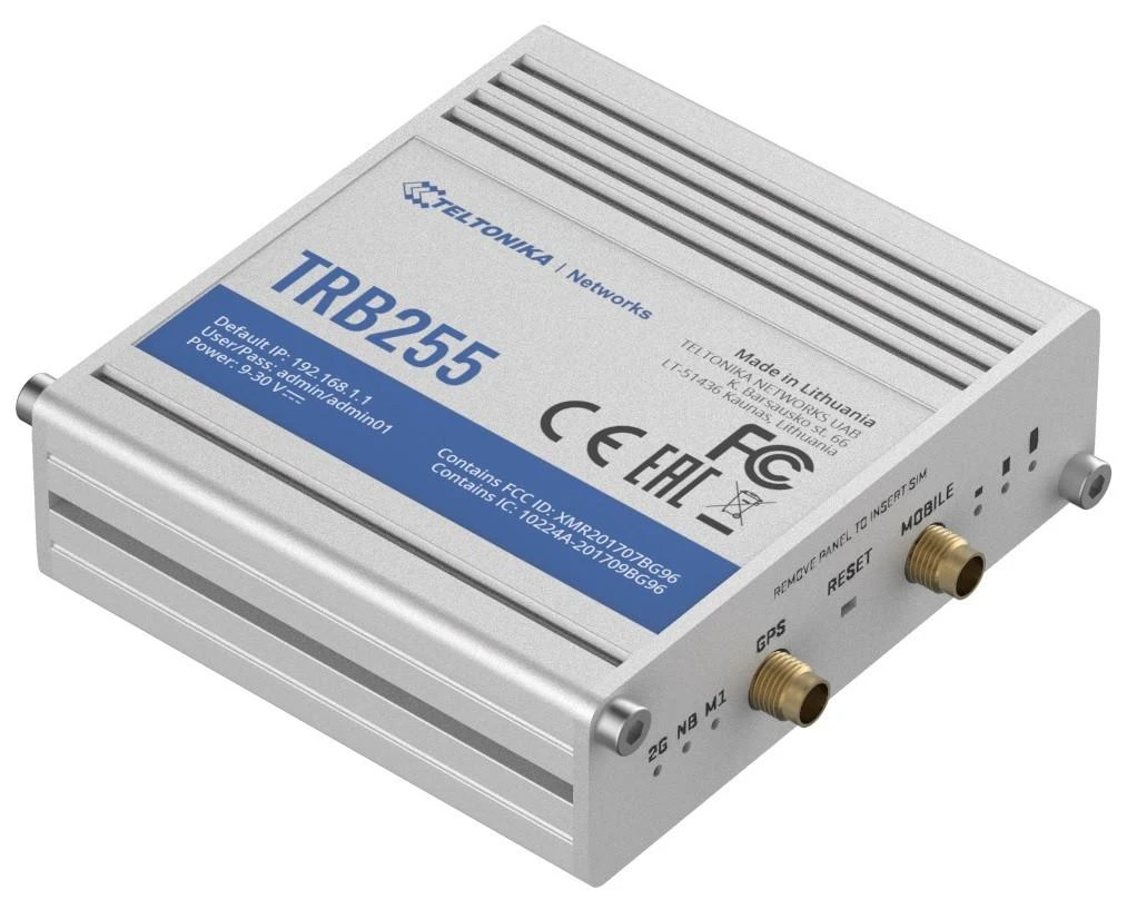 Šakotuvas „Teltonika TRB255 LTE Gateway“: nėra „WiFi“, 3G, Dvi SIM, „Enternet“ prievadas, RS232+RS485, „GPS Teltonika“