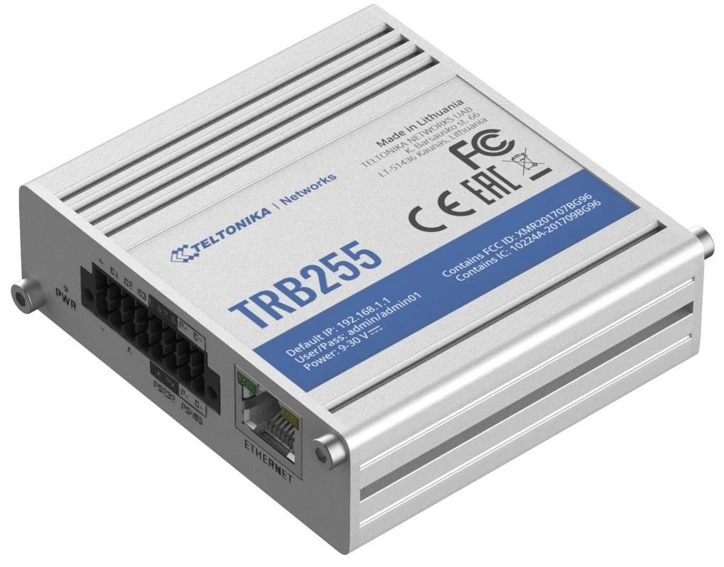 Šakotuvas „Teltonika TRB255 LTE Gateway“: nėra „WiFi“, 3G, Dvi SIM, „Enternet“ prievadas, RS232+RS485, „GPS Teltonika“