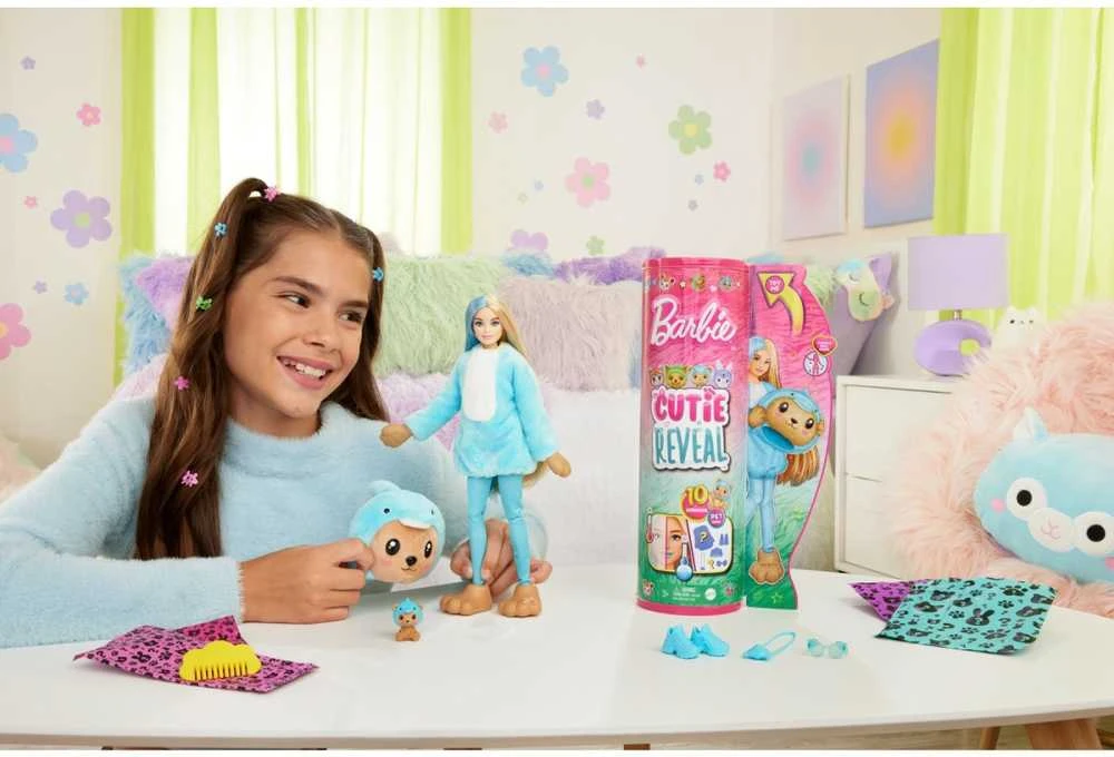 Barbės „Cutie Reveal“ rinkinys, minkštutėlių kostiumų serija - meškutis + delfinas