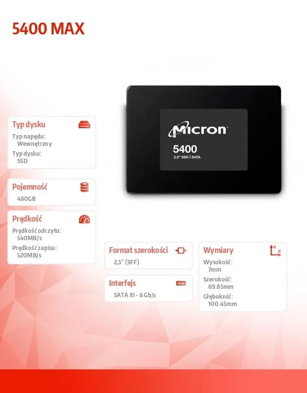 SSD Micron 5400 MAX 480GB SATA 2.5" MTFDDAK480TGB-1BC1ZABYYR (DWPD 5)