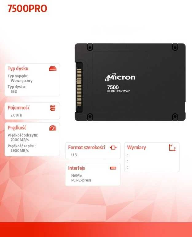 Micron 7500 PRO 7680GB U.3 (15 mm) TCG-Opal Enterprise SSD [vienas paketas]